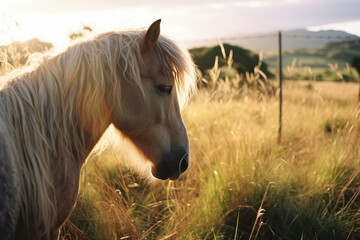 Leinwandbilder - Serene scene capturing the gentle shadow of a horse's flowing mane on a sunlit grassy field, symbolizing the freedom and beauty of nature.
