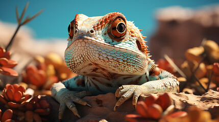 Leinwandbilder - Serene pixel art of a gecko sunbathing on a pixelated rock, combining reptilian grace with the simplicity of retro graphics.