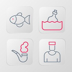 Sticker - Set line Sailor captain, Smoking pipe, Bottle with message water and Fish icon. Vector