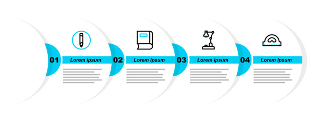 Poster - Set line Protractor grid, Table lamp, Book and Pencil icon. Vector