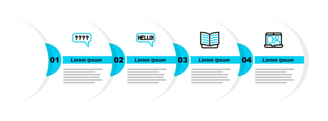 Sticker - Set line Foreign language online study, Open book, Hello different languages and Speech bubbles with Question icon. Vector