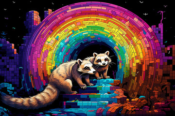 Fototapete - Playful pixel art of ferrets exploring pixelated tunnels, infusing the scene with the energy of retro ferret antics.