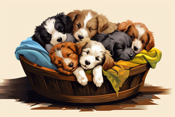 Leinwandbilder - Heartwarming pixel art of puppies sleeping in a pixelated basket, radiating retro canine cuteness.