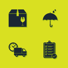 Poster - Set Delivery box with fragile content, Verification of delivery list, truck and clock and Umbrella rain drops icon. Vector