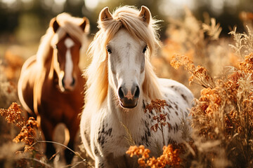 Leinwandbilder - Wholesome pixel art of ponies in a pixelated meadow, evoking the charm of retro equestrian scenes.