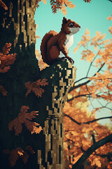 Leinwandbilder - Dynamic pixel art of a squirrel on a pixelated tree, hunting for nuts and showcasing retro squirrel antics.