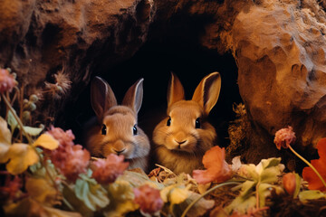 Leinwandbilder - Enchanting pixel art of bunnies in a pixelated burrow, evoking the charm of retro rabbit hideaways.