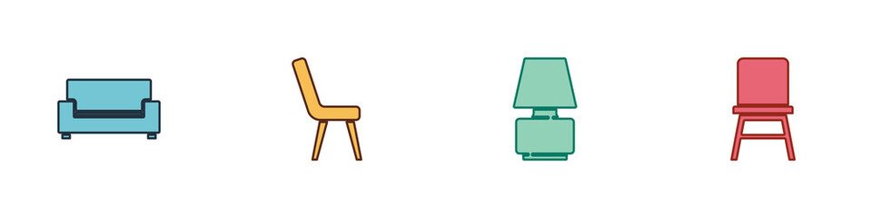 Canvas Print - Set Sofa, Armchair, Table lamp and Chair icon. Vector