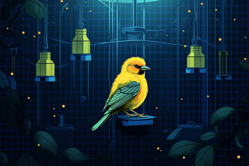 Leinwandbilder - Melodic pixel art of a canary singing in a pixelated cage, creating a delightful scene of avian music in retro style.