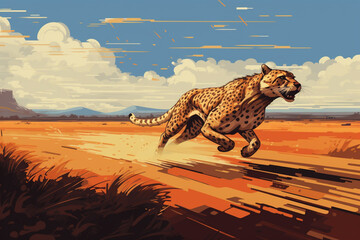 Leinwandbilder - Dynamic pixel art capturing the speed of a cheetah sprinting through a pixelated savannah.