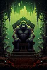 Leinwandbilder - Majestic pixel art of a gorilla on a throne in a pixelated jungle, blending regality with retro graphics