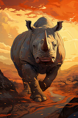 Leinwandbilder - Dynamic pixel art of a rhinoceros charging through a pixelated savannah, infusing energy into the retro scene.