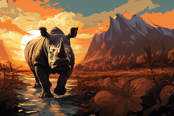 Leinwandbilder - Dynamic pixel art of a rhinoceros charging through a pixelated savannah, infusing energy into the retro scene.