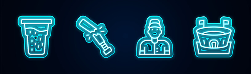 Sticker - Set line Glass of beer, Broken baseball bat, Baseball player and arena. Glowing neon icon. Vector