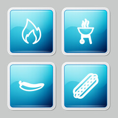 Poster - Set line Fire flame, Barbecue grill, Hot chili pepper pod and Hotdog sandwich icon. Vector