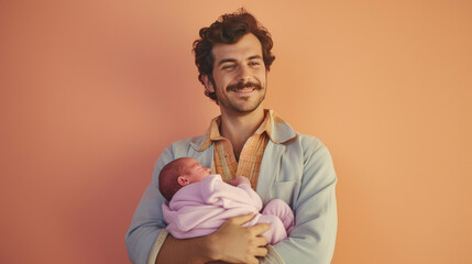 Wall Mural - Happy father holding newborn baby in arms and smiling at camera isolated on orange