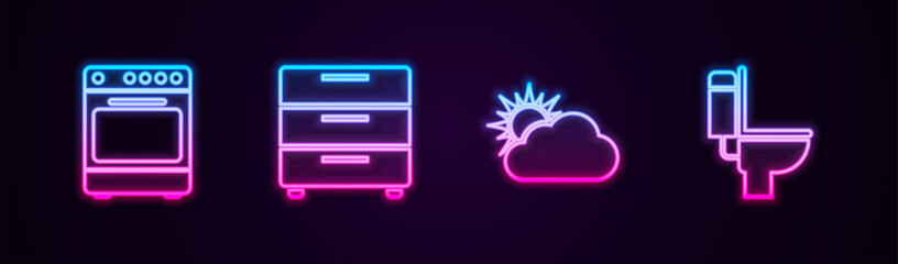 Sticker - Set line Oven, Furniture nightstand, Sun cloud weather and Toilet bowl. Glowing neon icon. Vector