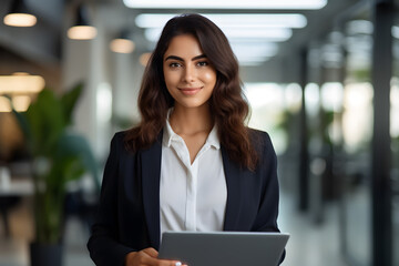 business, technology and people concept - smiling businesswoman with tablet pc computer in office