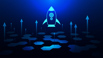 Business growth up concept with rocket ship launch, up arrow and hexagons. Business startup or business product on market background.