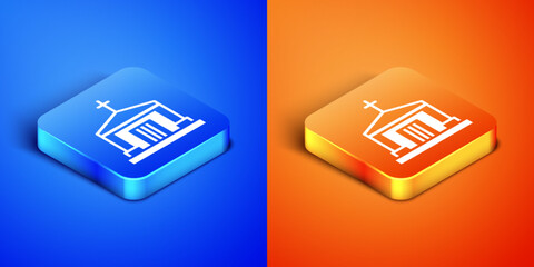 Sticker - Isometric Old crypt icon isolated on blue and orange background. Cemetery symbol. Ossuary or crypt for burial of deceased. Square button. Vector