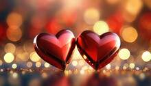 Deux Cœurs Rouges Brillants Sur Fond Coloré Avec Effet De Lumière Saint-Valentin Mariage Amour Déclaration
