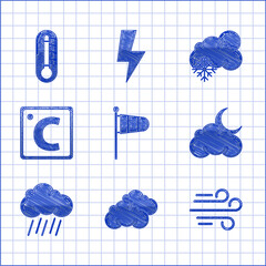 Poster - Set Cone meteorology windsock wind vane, Cloud, Wind, with moon and stars, rain, Celsius, snow sun and Thermometer icon. Vector