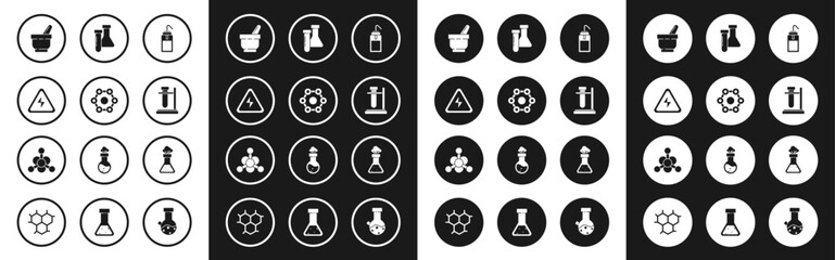 Poster - Set Laboratory wash bottle, Chemical formula, High voltage sign, Mortar and pestle, Test tube flask on stand, chemical,  and Bacteria icon. Vector