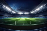 Fototapeta Sport - Modern football stadium with strong lights and green football pitch in night. Generative ai.