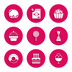 Poster - set lollipop, cake with burning candles, ice cream bowl, candy, donut, cupcake, and glass jar candie