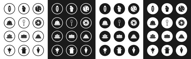 Poster - Set Cookie or biscuit, Kitchen whisk, Pudding custard, Bread loaf, Donut, Ice cream, Cake with burning candles and Stack of pancakes icon. Vector