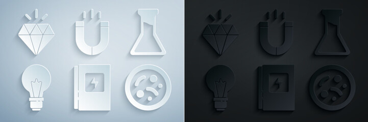 Poster - Set Electrical panel, Test tube and flask, Light bulb with concept of idea, Bacteria, Magnet and Diamond icon. Vector