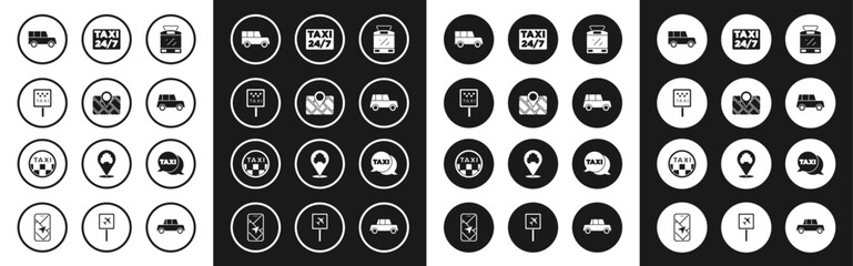 Sticker - Set Tram and railway, Gps device with map, Road sign for taxi stand, Car, Location, Taxi call telephone service and car roof icon. Vector