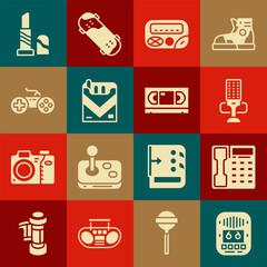 Canvas Print - Set Cassette tape player, Telephone handset, Microphone, Pager, Cigarettes pack box, Gamepad, Lipstick and VHS video cassette icon. Vector