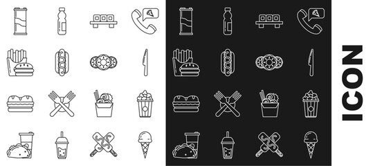 Poster - Set line Ice cream in waffle cone, Popcorn cardboard box, Knife, Sushi cutting, Hotdog sandwich with mustard, Burger french fries carton package, Soda can and Donut sweet glaze icon. Vector