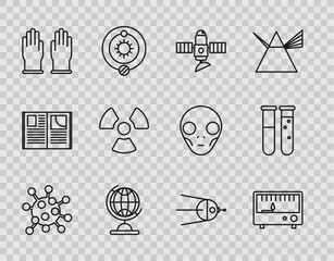 Sticker - Set line Bacteria, Electrical measuring instruments, Satellite, Earth globe, Rubber gloves, Radioactive,  and Test tube and flask chemical laboratory icon. Vector