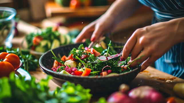 Close up of woman making fresh vegetable salad. Clean eating, dieting, vegan food concept