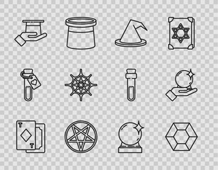 Sticker - Set line Playing cards, Magic stone, Witch hat, Pentagram circle, Magician hand, Spider web, ball and  icon. Vector