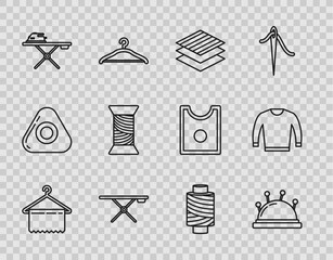 Poster - Set line Hanger wardrobe, Needle bed and needles, Textile fabric roll, Ironing board, Electric iron ironing, Sewing thread spool,  and Sweater icon. Vector