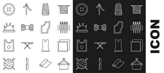 Wall Mural - Set line Hanger wardrobe, Textile fabric roll, Needle for sewing, Sewing thread on spool, bed and needles, button clothes and Pattern icon. Vector