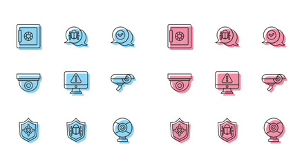 Sticker - Set line Shield, System bug, Safe, Security camera, Monitor with exclamation mark,  and  icon. Vector