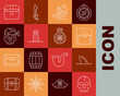 © Oksana - Set line Skull, Shark fin in ocean wave, Antique treasure chest, Pirate coin, Lighthouse, captain,  and Compass icon. Vector