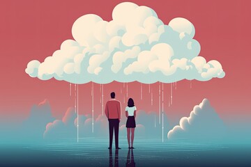 couple stand under rainy cloud illustration