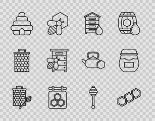 Sticker - Set line Honeycomb with honey dipper stickicon, Hive for bees, Hanging sign honeycomb,  and Jar of icon. Vector