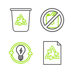 Sticker - Set line Paper with recycle, Recycle and light bulb lightning symbol, No canister for gasoline and bin icon. Vector