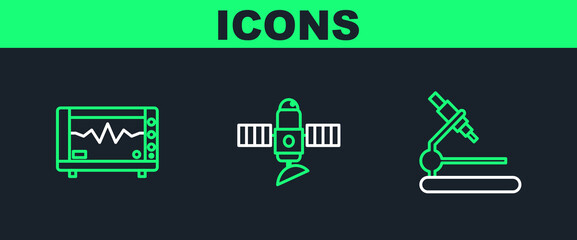 Poster - Set line Microscope, Computer monitor with cardiogram and Satellite icon. Vector