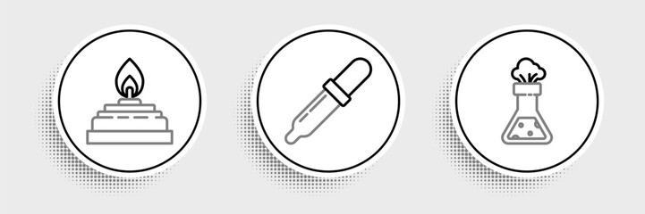 Poster - Set line Test tube and flask chemical, Alcohol or spirit burner and Pipette icon. Vector