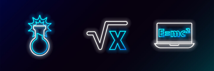 Wall Mural - Set line Equation solution, Test tube and flask and Square root of x glyph icon. Glowing neon. Vector