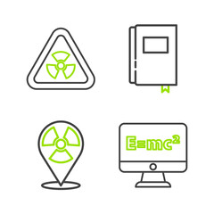 Sticker - Set line Equation solution, Radioactive in location, Book and Triangle with radiation icon. Vector