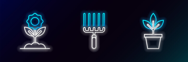 Sticker - Set line Flowers in pot,  and Garden rake work icon. Glowing neon. Vector