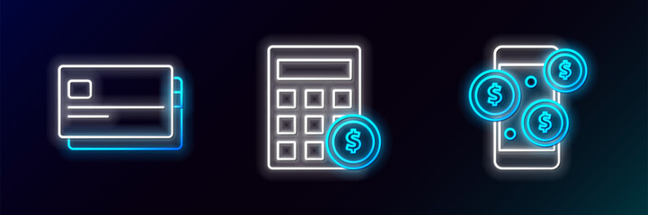 Sticker - Set line Smartphone with dollar symbol, Credit card and Calculator icon. Glowing neon. Vector